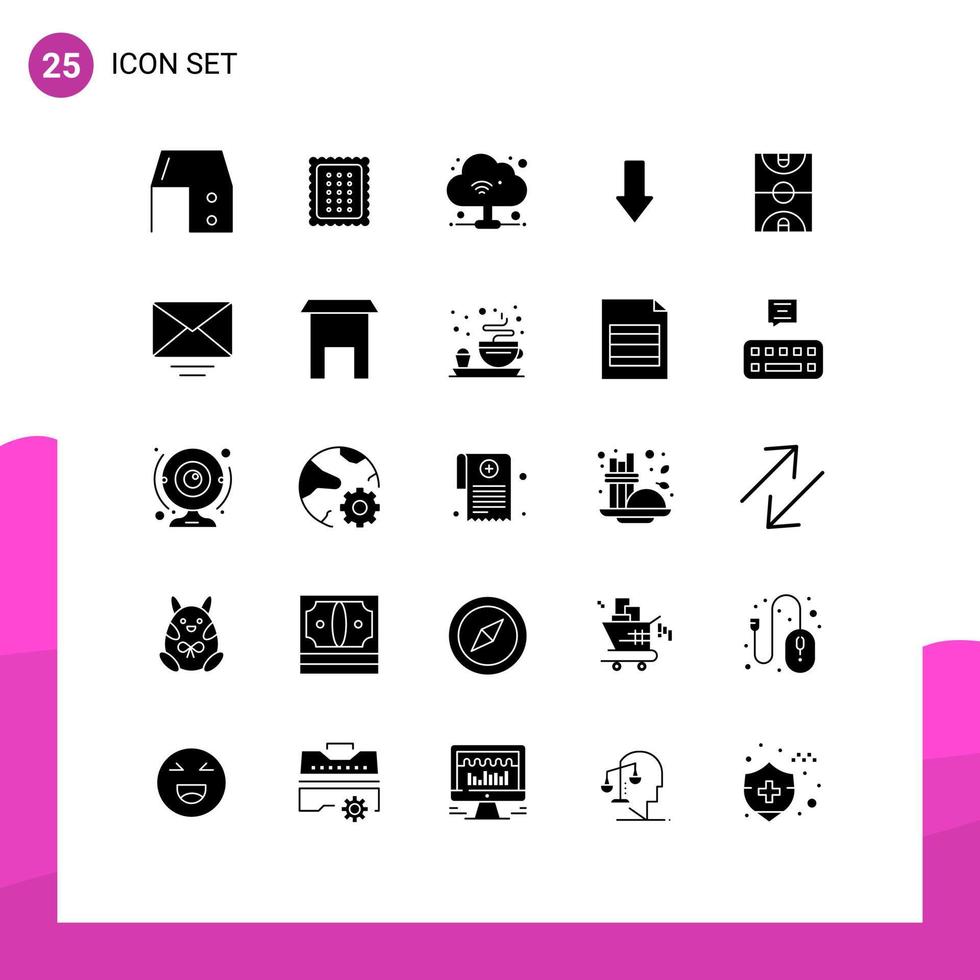 25 Universal- solide Glyphe Zeichen Symbole von Ball Nieder Essen Pfeile W-lan editierbar Vektor Design Elemente