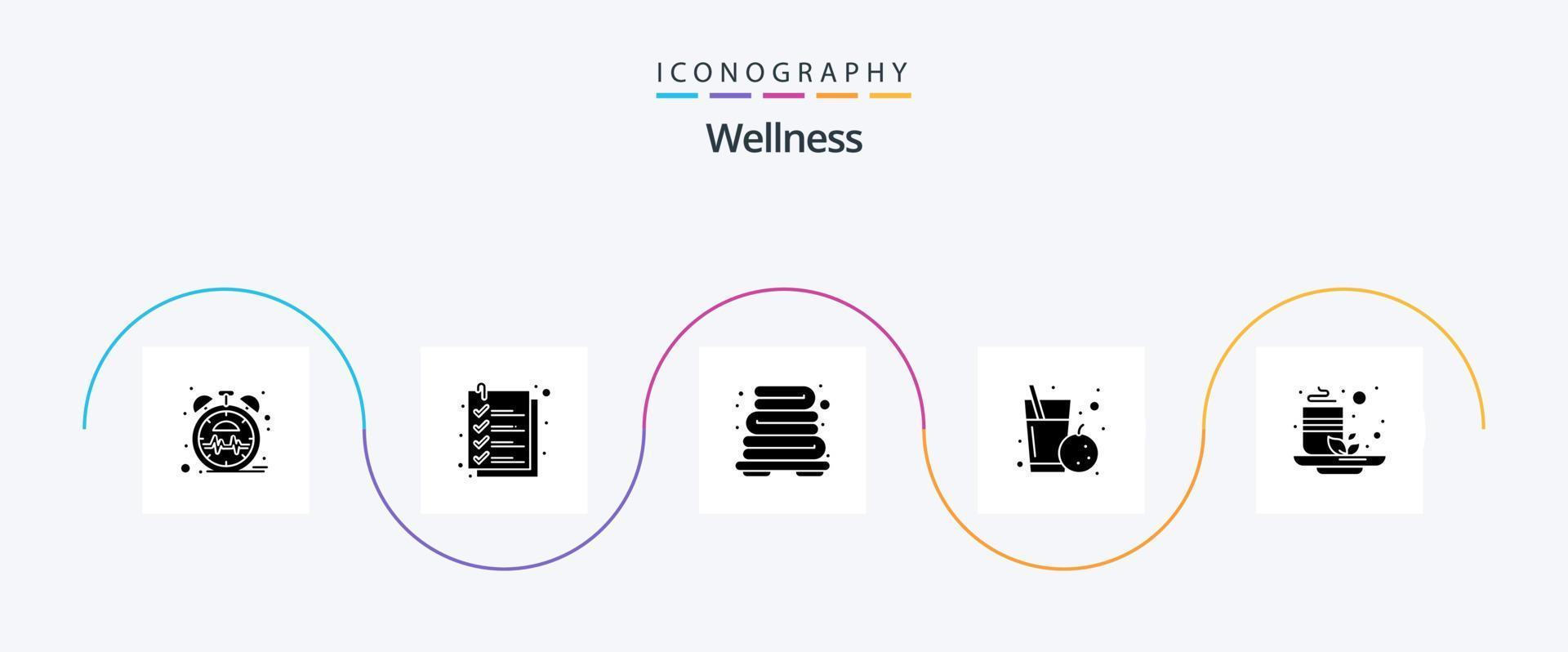 wellness glyf 5 ikon packa Inklusive te. kopp. badrum. hälsa. juice vektor