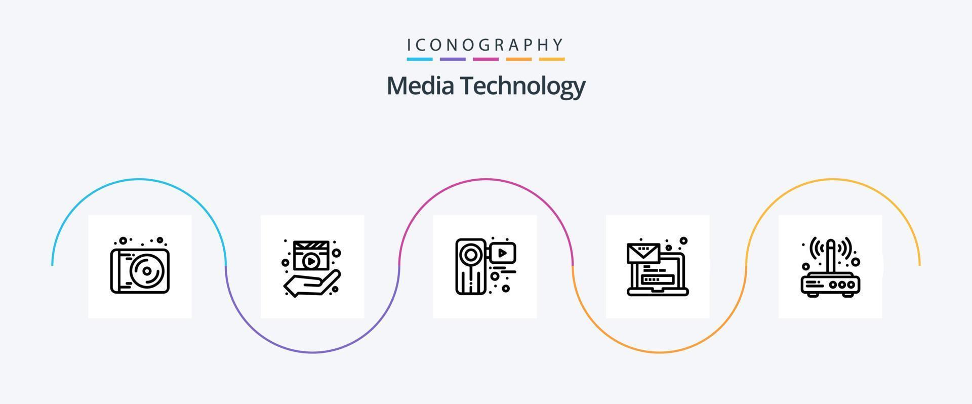 media teknologi linje 5 ikon packa Inklusive meddelande. e-post. film. dator. inspelare vektor