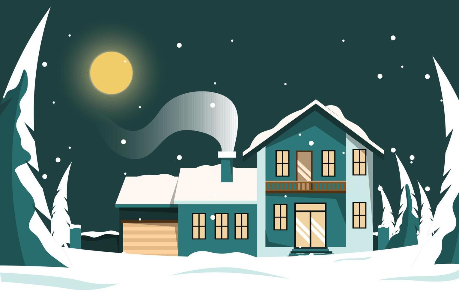 hus Hem i natt snö falla vinter- illustration vektor