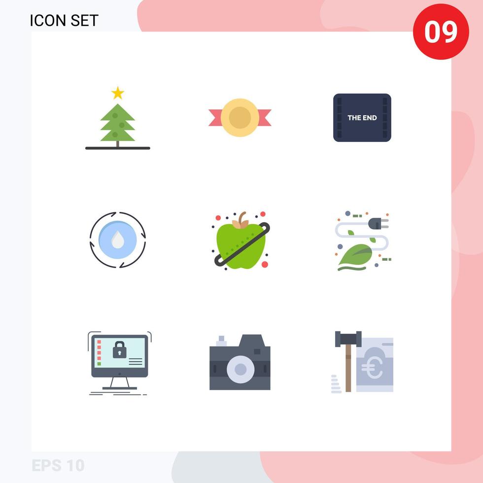 Gruppe von 9 eben Farben Zeichen und Symbole zum Fitness Obst Film Apfel Leistung editierbar Vektor Design Elemente
