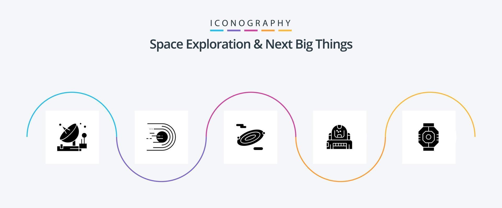 Plats utforskning och Nästa stor saker glyf 5 ikon packa Inklusive skydd. utforskare. ljus. kosmonaut. Plats vektor