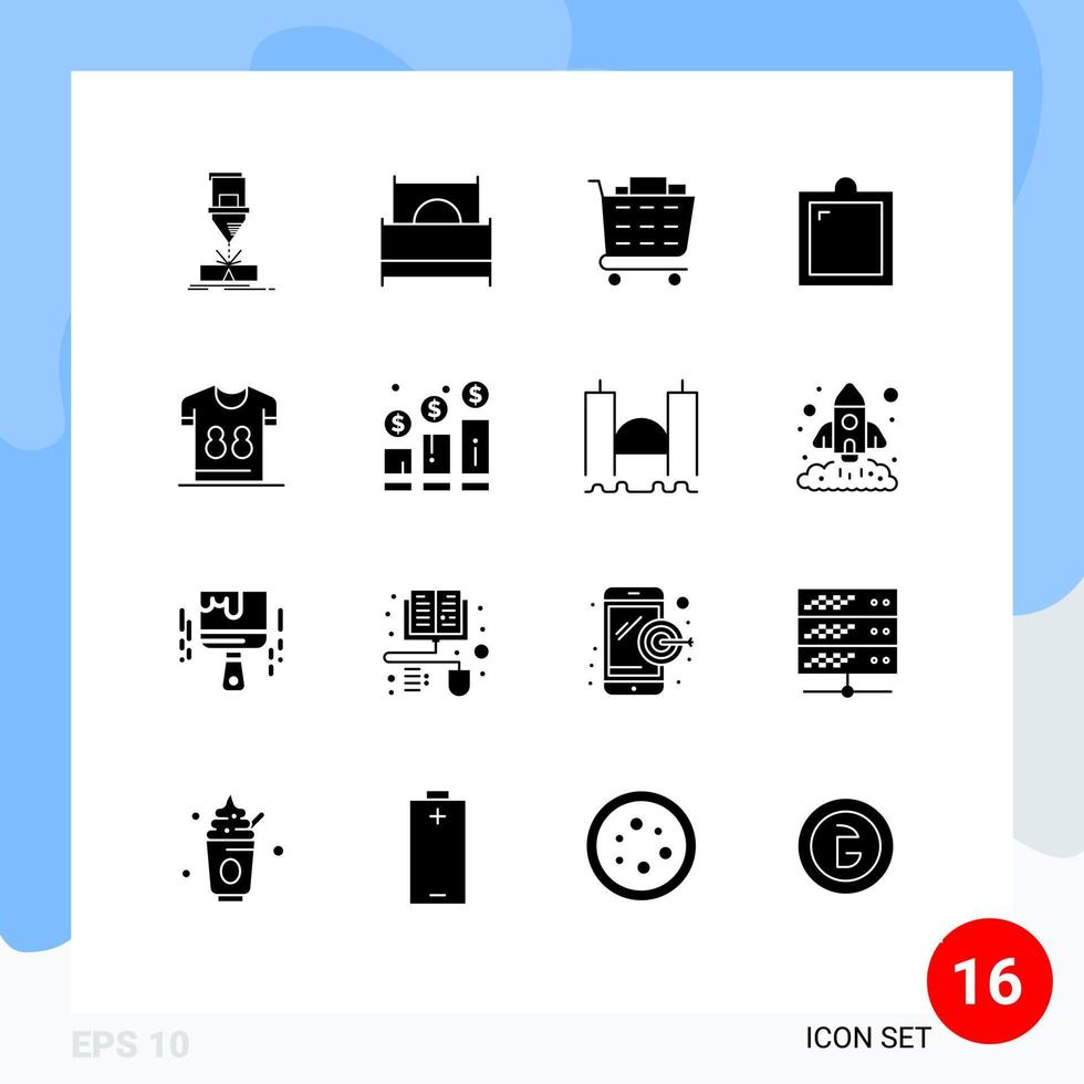 Pack von 16 modern solide Glyphen Zeichen und Symbole zum Netz drucken Medien eine solche wie Fußball Innere Möbel Möbel Einkaufen Wagen editierbar Vektor Design Elemente