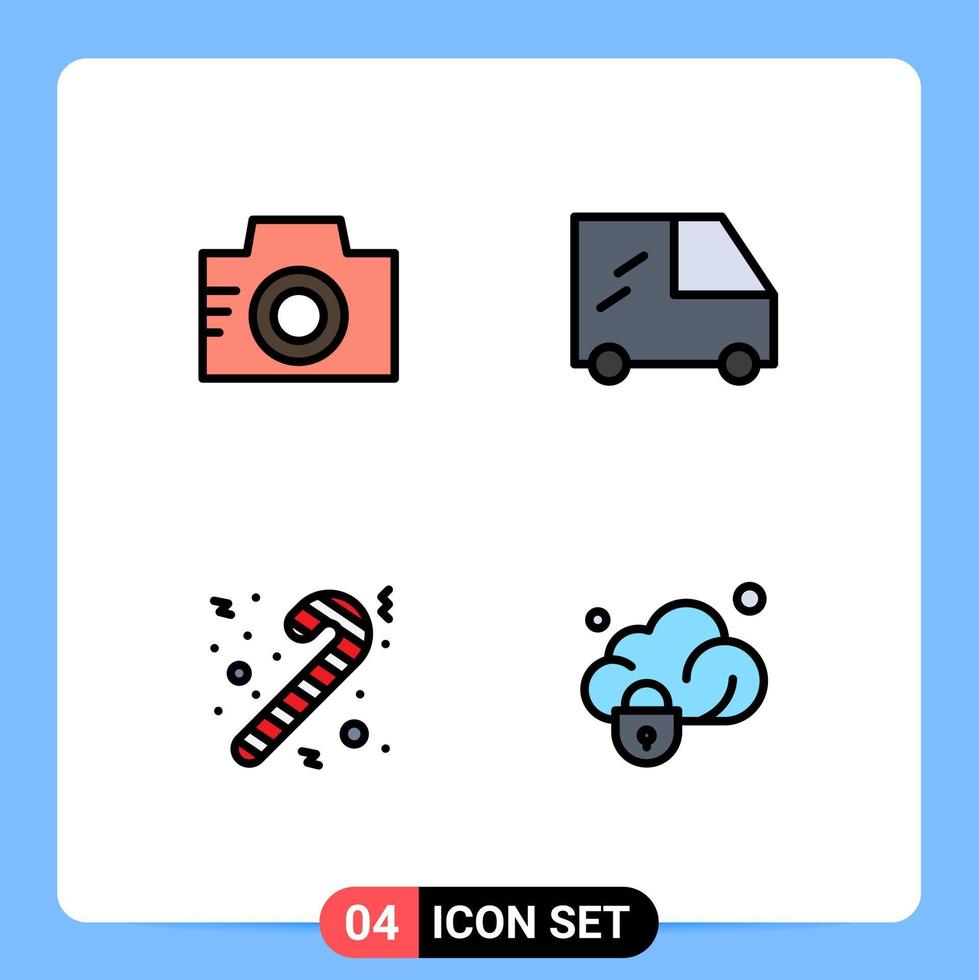 4 universell fylld linje platt färger uppsättning för webb och mobil tillämpningar kamera data bild godis skydd redigerbar vektor design element