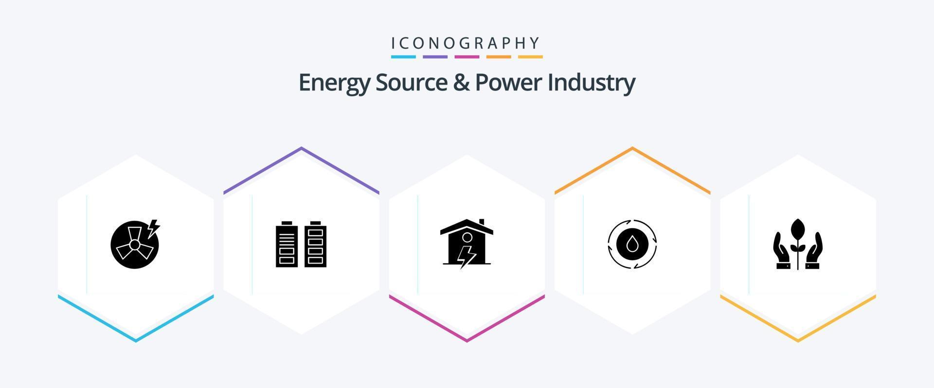 energi källa och kraft industri 25 glyf ikon packa Inklusive växt. natur. Hem. kraft. energi vektor