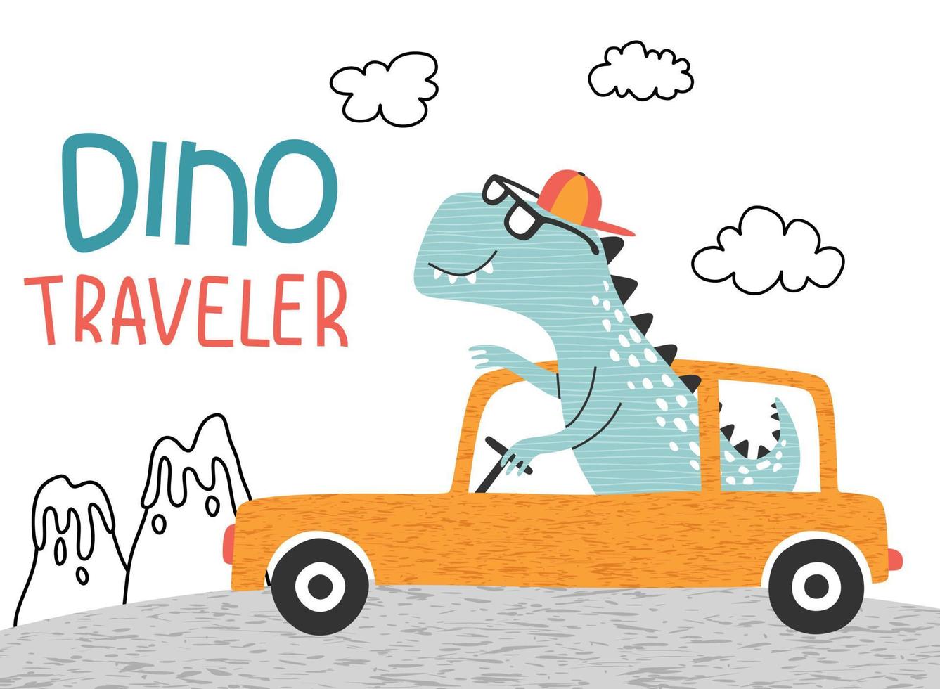 Ute Dinosaurier mit Auto. T-Shirt-Grafiken für Kinder-Vektor-Illustration. vektor