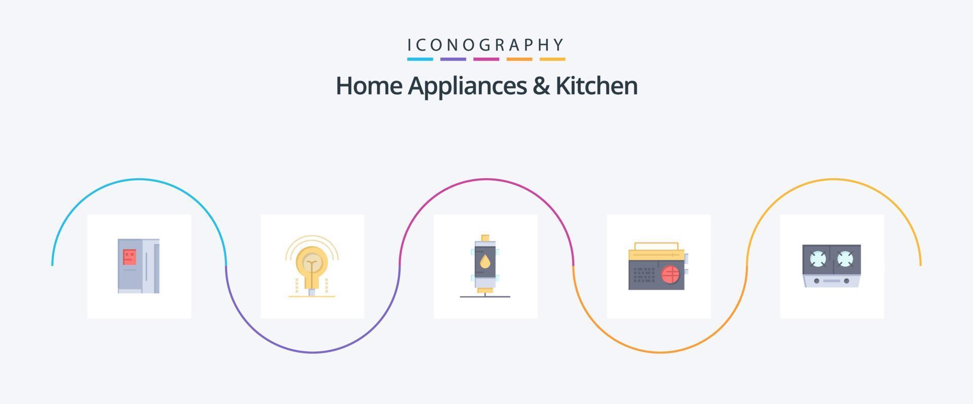 Zuhause Haushaltsgeräte und Küche eben 5 Symbol Pack einschließlich Medien. Musik. Heizung. Radio. Gas vektor