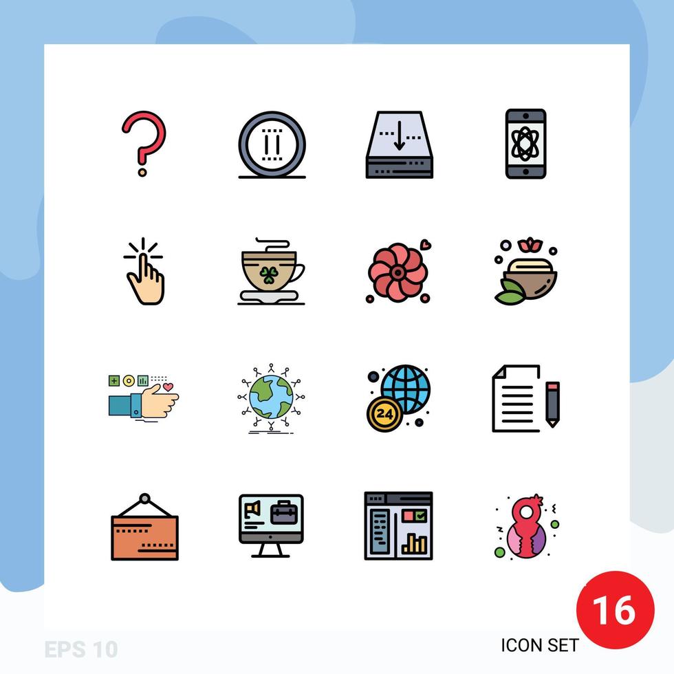 Handy, Mobiltelefon Schnittstelle eben Farbe gefüllt Linie einstellen von 16 Piktogramme von Finger Technik Archiv Raum Atom editierbar kreativ Vektor Design Elemente