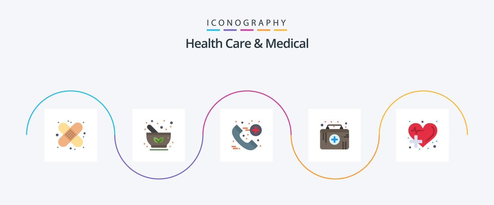 hälsa vård och medicinsk platt 5 ikon packa Inklusive hälsa. medicinsk nödsituation. ört. medicinsk hjälpa. först hjälpa utrustning vektor