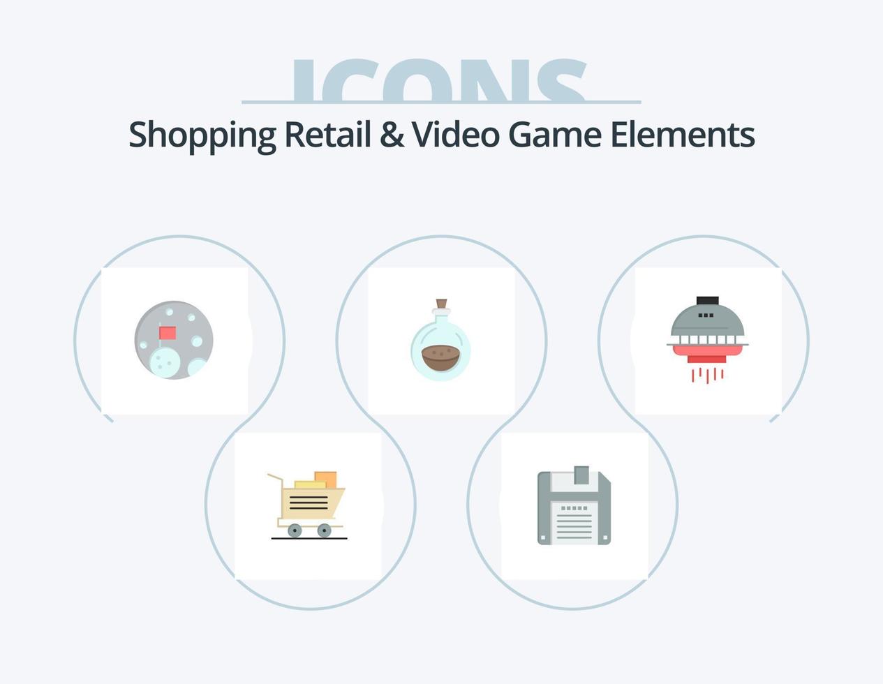 shoping detaljhandeln och video spel element platt ikon packa 5 ikon design. ufo. skyttel. Plats. Plats. toalett vektor