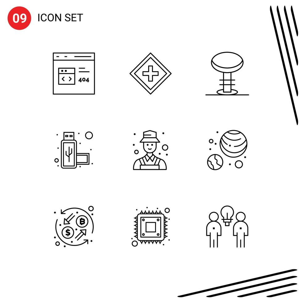 Lager Vektor Symbol Pack von 9 Linie Zeichen und Symbole zum Benutzerbild Hafen Bedienung Verbindung Innere editierbar Vektor Design Elemente