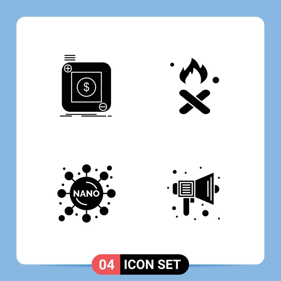 4 solide Glyphe Konzept zum Websites Handy, Mobiltelefon und Apps Kauf Rauch Anwendung Feuer Experiment editierbar Vektor Design Elemente