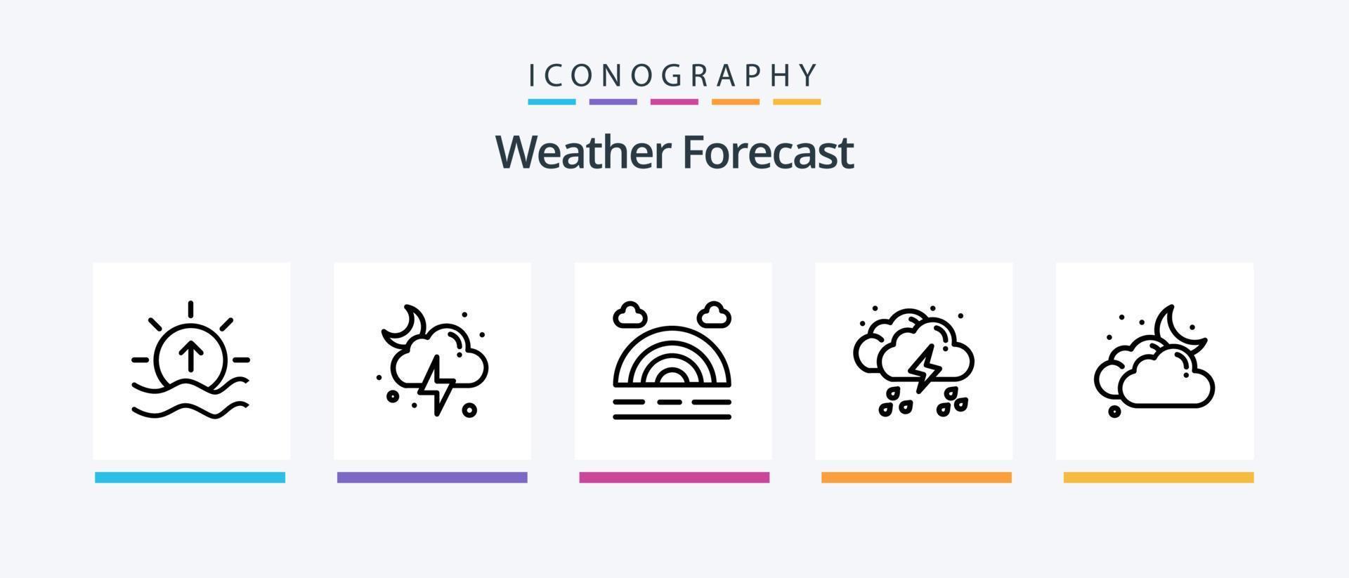 väder linje 5 ikon packa Inklusive prognos. klimat. solnedgång. ljus. regn. kreativ ikoner design vektor