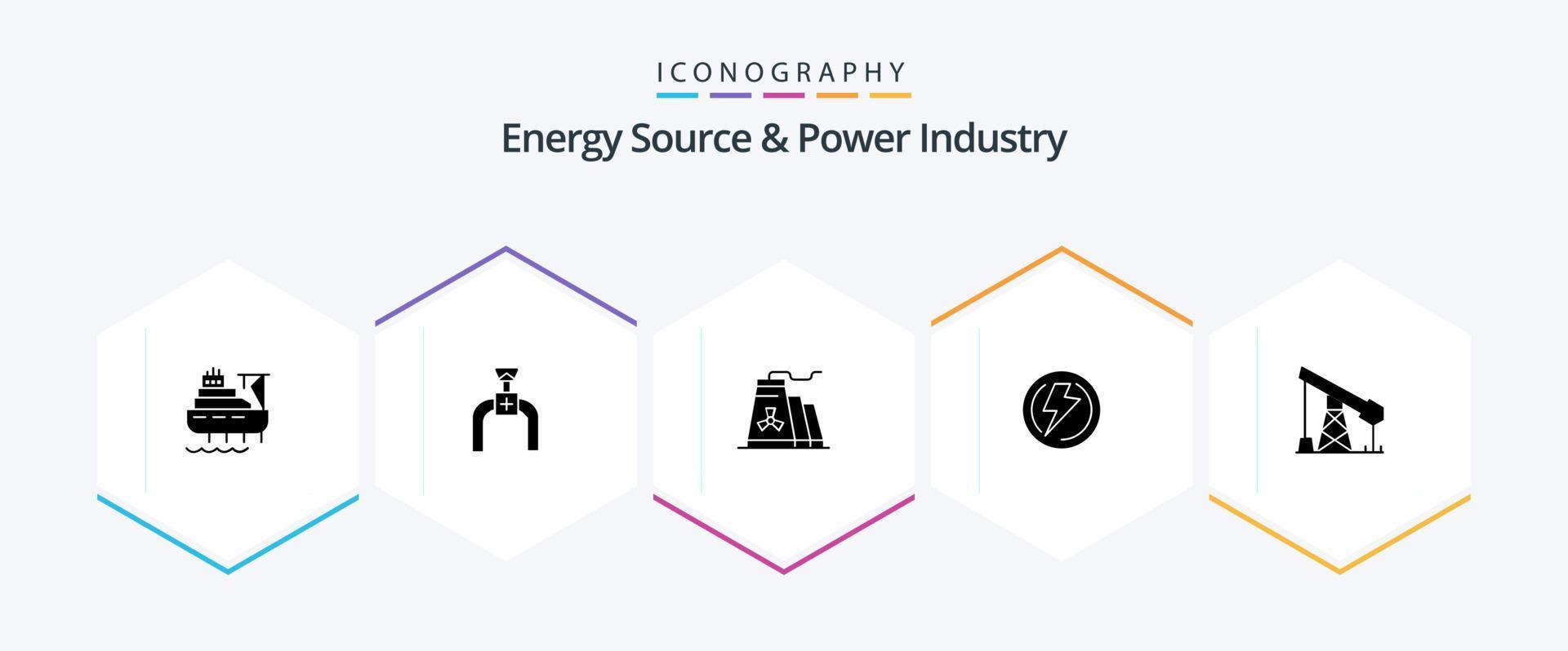 energi källa och kraft industri 25 glyf ikon packa Inklusive konstruktion. industri. byggnad. Spänning. bult vektor