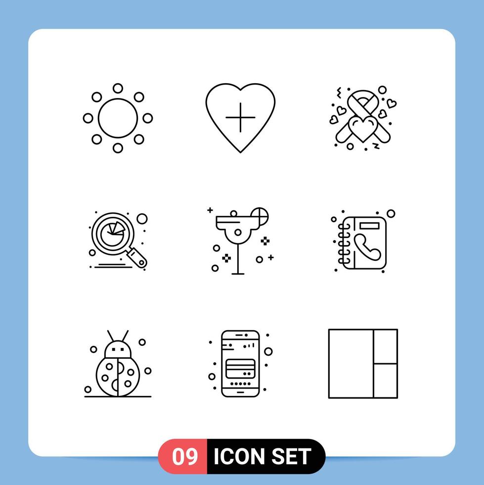 9 tematiska vektor konturer och redigerbar symboler av glas Sök hälsa Graf analys redigerbar vektor design element