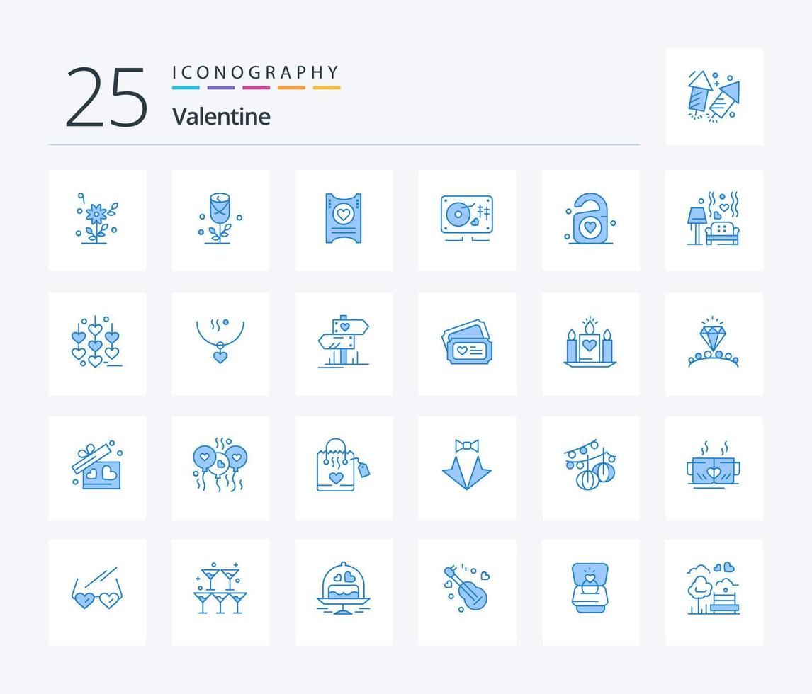 Valentinstag 25 Blau Farbe Symbol Pack einschließlich Sofa. Hochzeit. Musik. Herz. Etikett vektor