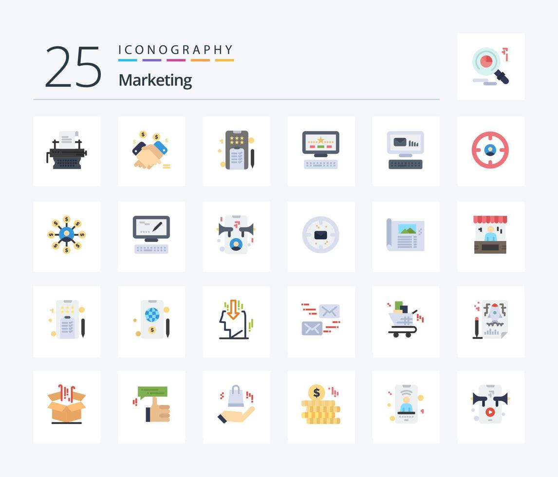 marknadsföring 25 platt Färg ikon packa Inklusive kuvert. tangentbord. försäljning. stjärna. telefon vektor