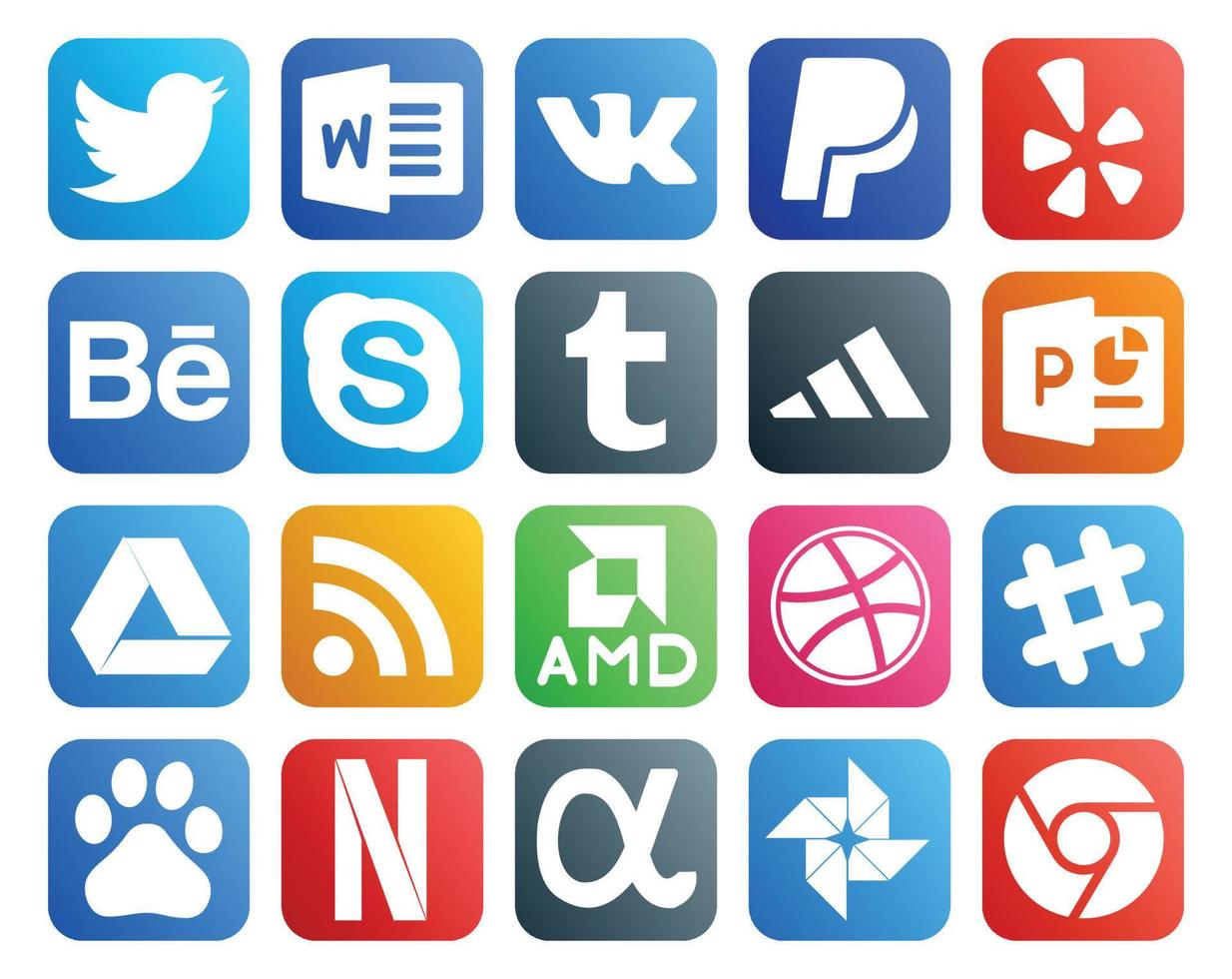 20 social media ikon packa Inklusive chatt dribbble chatt amd Google kör vektor