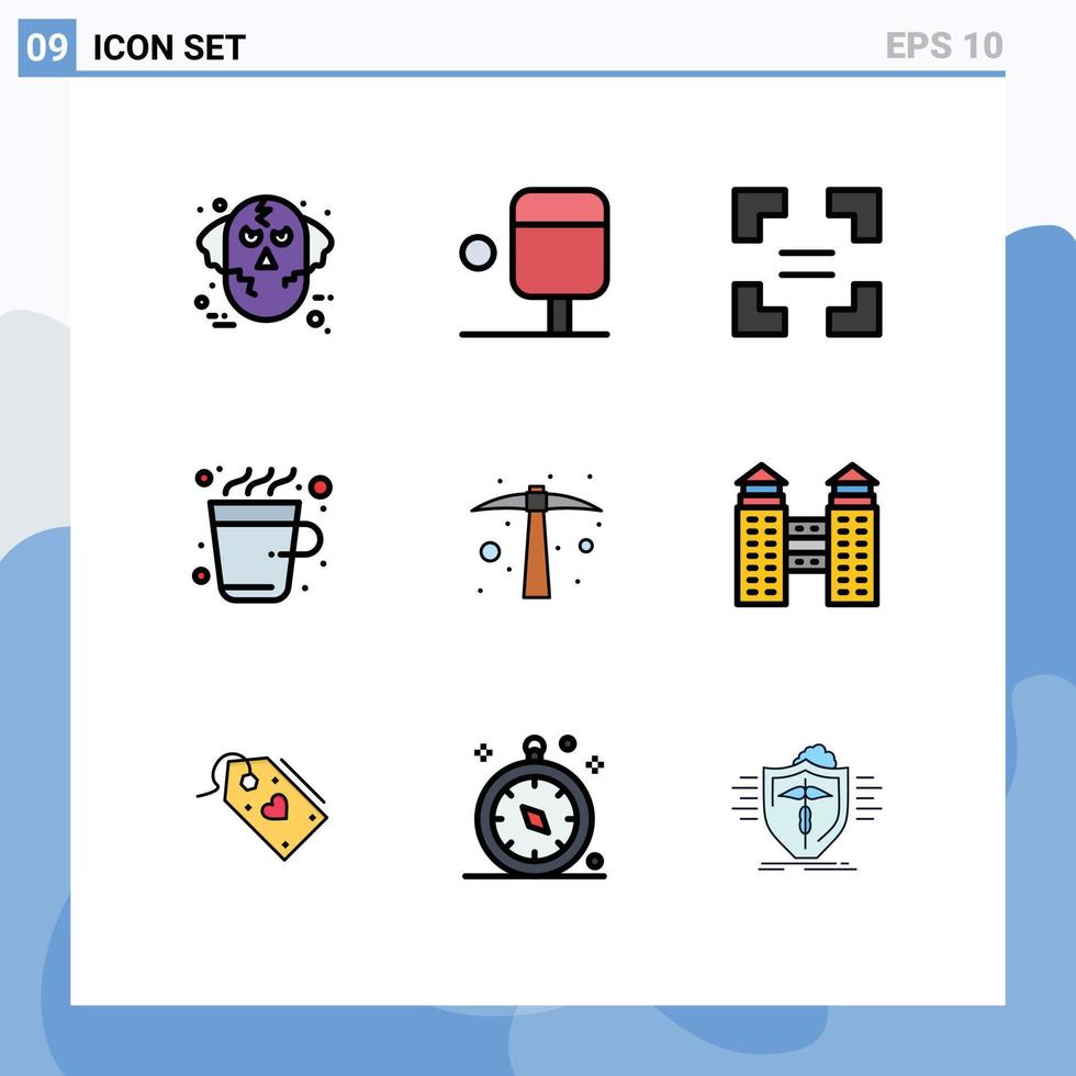 Gruppe von 9 gefüllte Linie eben Farben Zeichen und Symbole zum Werkzeug Hacke Pfeil schwer Arbeit trinken editierbar Vektor Design Elemente