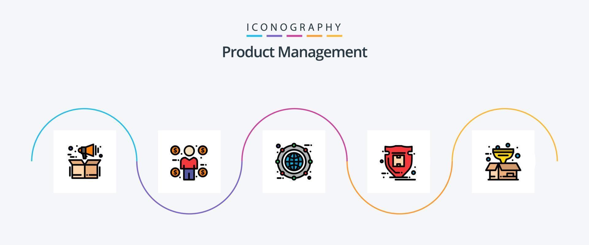 Produkt Verwaltung Linie gefüllt eben 5 Symbol Pack einschließlich Kasten. Schild. Globus. Schutz. Linie vektor