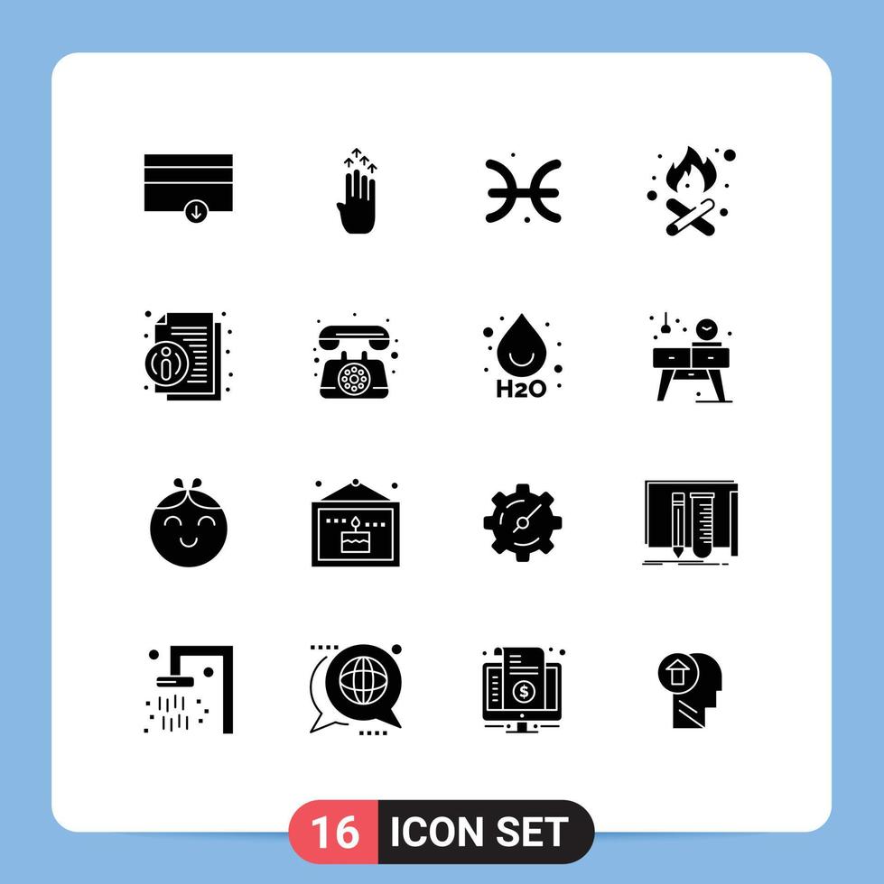 16 solide Glyphe Konzept zum Websites Handy, Mobiltelefon und Apps Information Über Astrologie Feuer Platz Camping editierbar Vektor Design Elemente