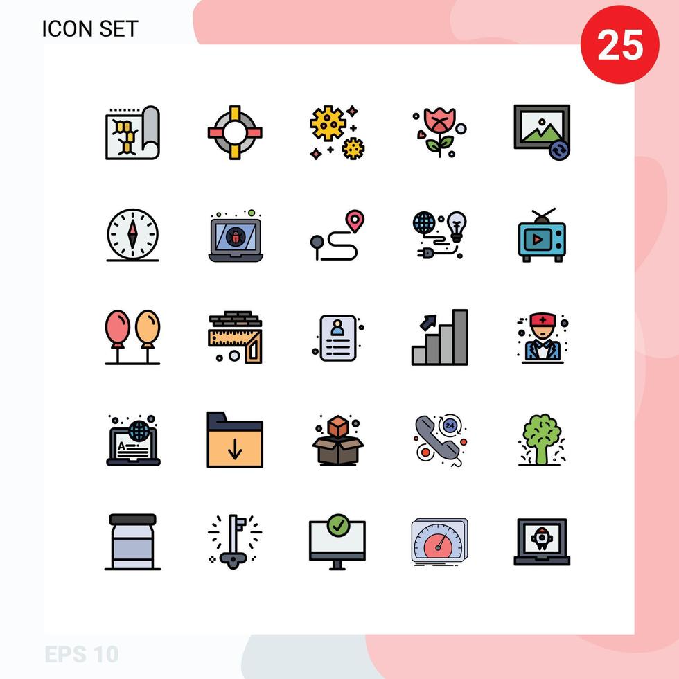 25 thematisch Vektor gefüllt Linie eben Farben und editierbar Symbole von Kompass synchronisieren Meteor Foto Rose editierbar Vektor Design Elemente