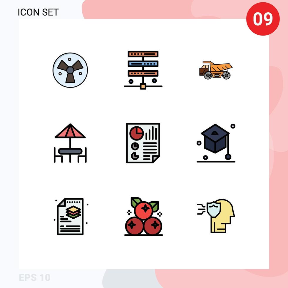 9 fylld linje platt Färg begrepp för webbplatser mobil och appar data tabell lastbil möbel diner redigerbar vektor design element