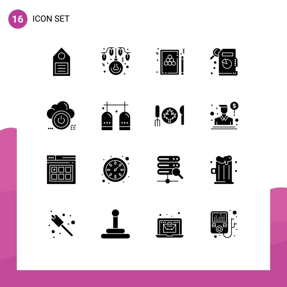 grupp av 16 fast glyfer tecken och symboler för stänga statistisk analys lampor beskrivande statistik biljard redigerbar vektor design element