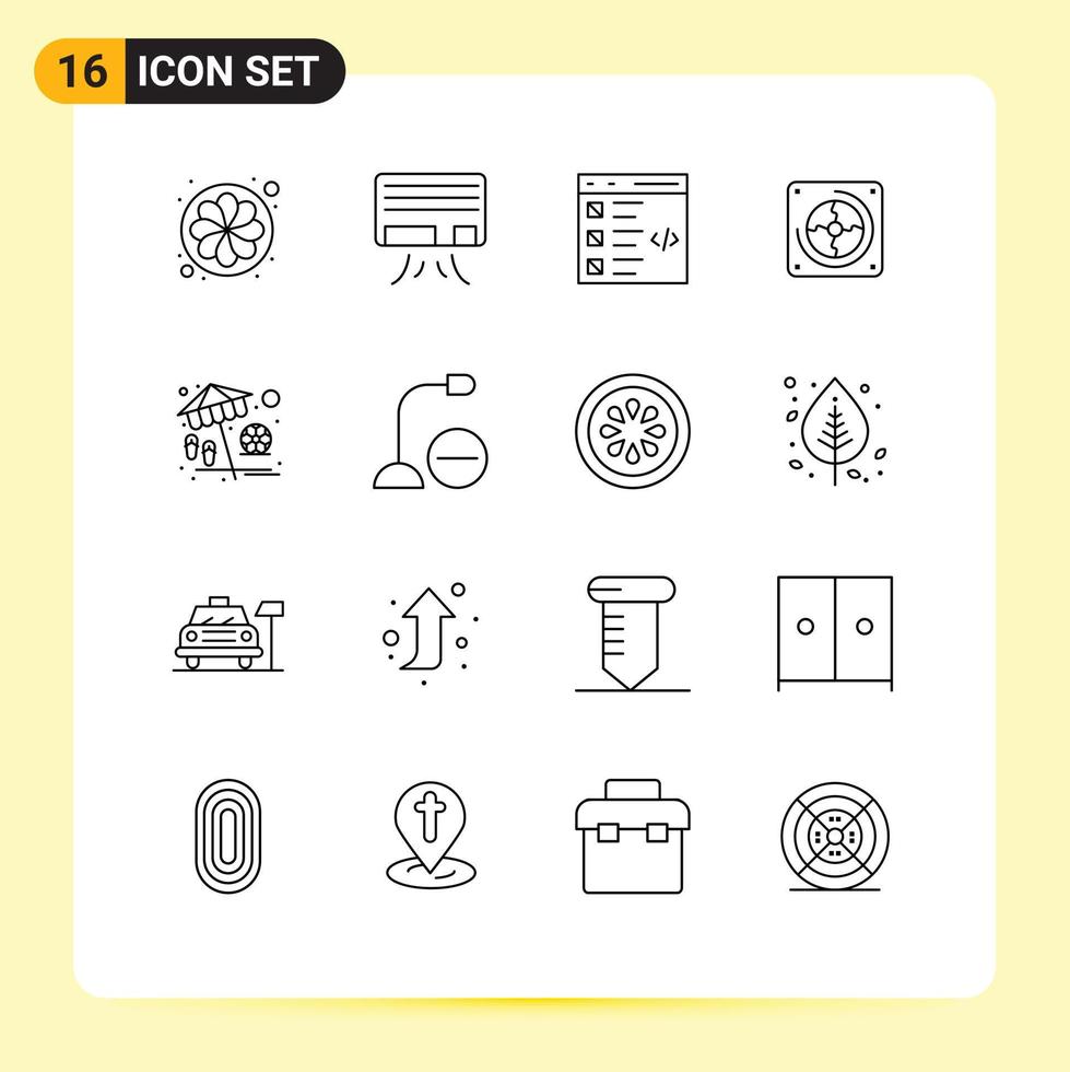 piktogram uppsättning av 16 enkel konturer av paraply fläkt kodning dator fläkt redigerbar vektor design element