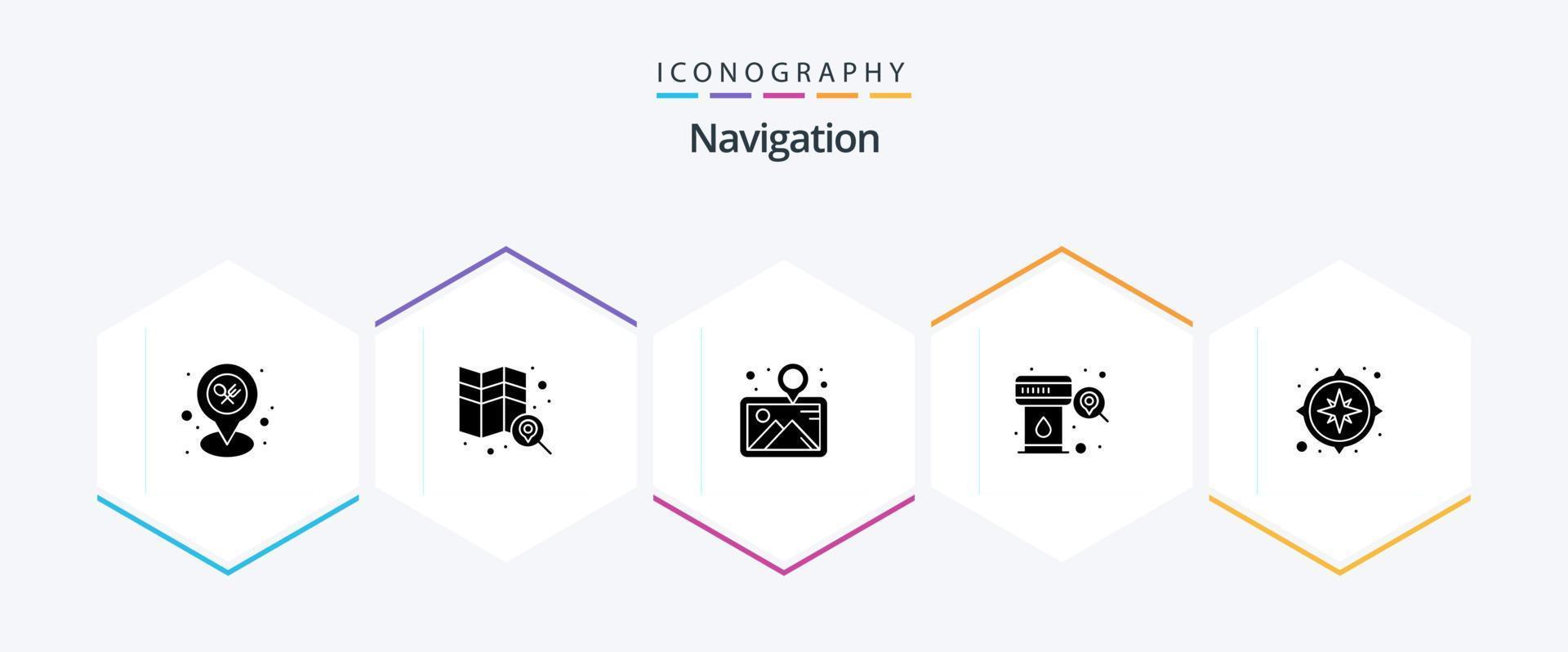 Navigation 25 Glyphe Symbol Pack einschließlich GPS. suchen. Galerie. Bahnhof. Gas vektor