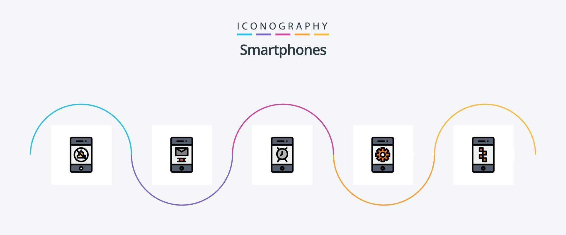 smartphones linje fylld platt 5 ikon packa Inklusive Ansökan. inställningar. larm. telefon. cell vektor