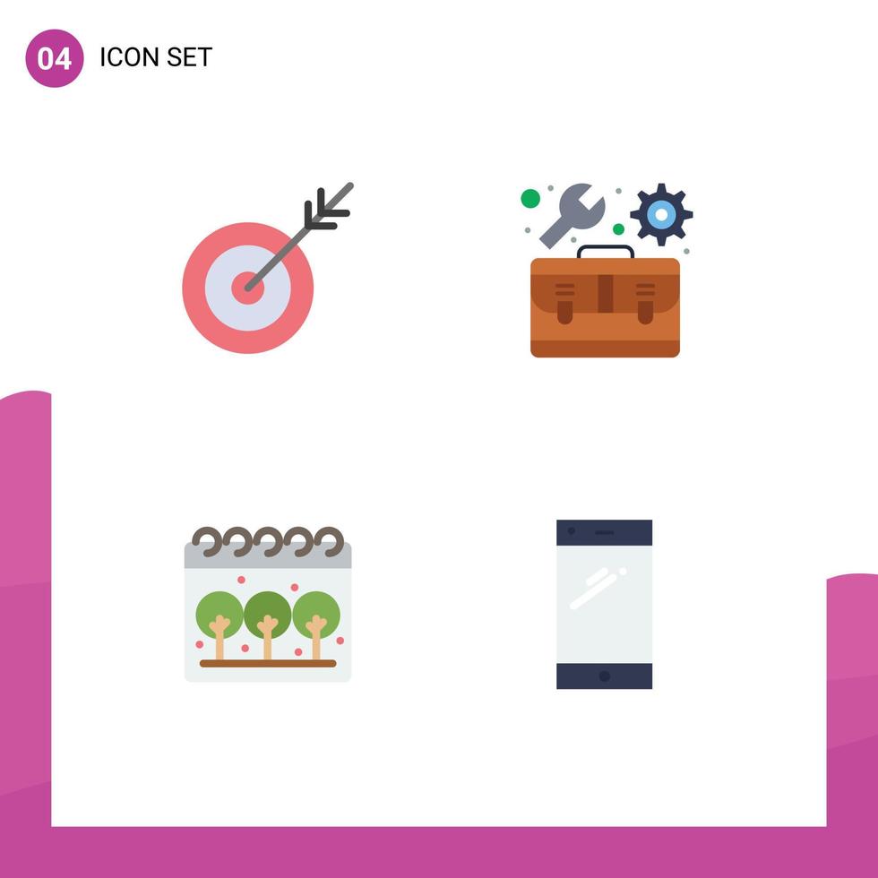 4 eben Symbol Konzept zum Websites Handy, Mobiltelefon und Apps Pfeil Kalander Ziel Werkzeugkasten Telefon editierbar Vektor Design Elemente