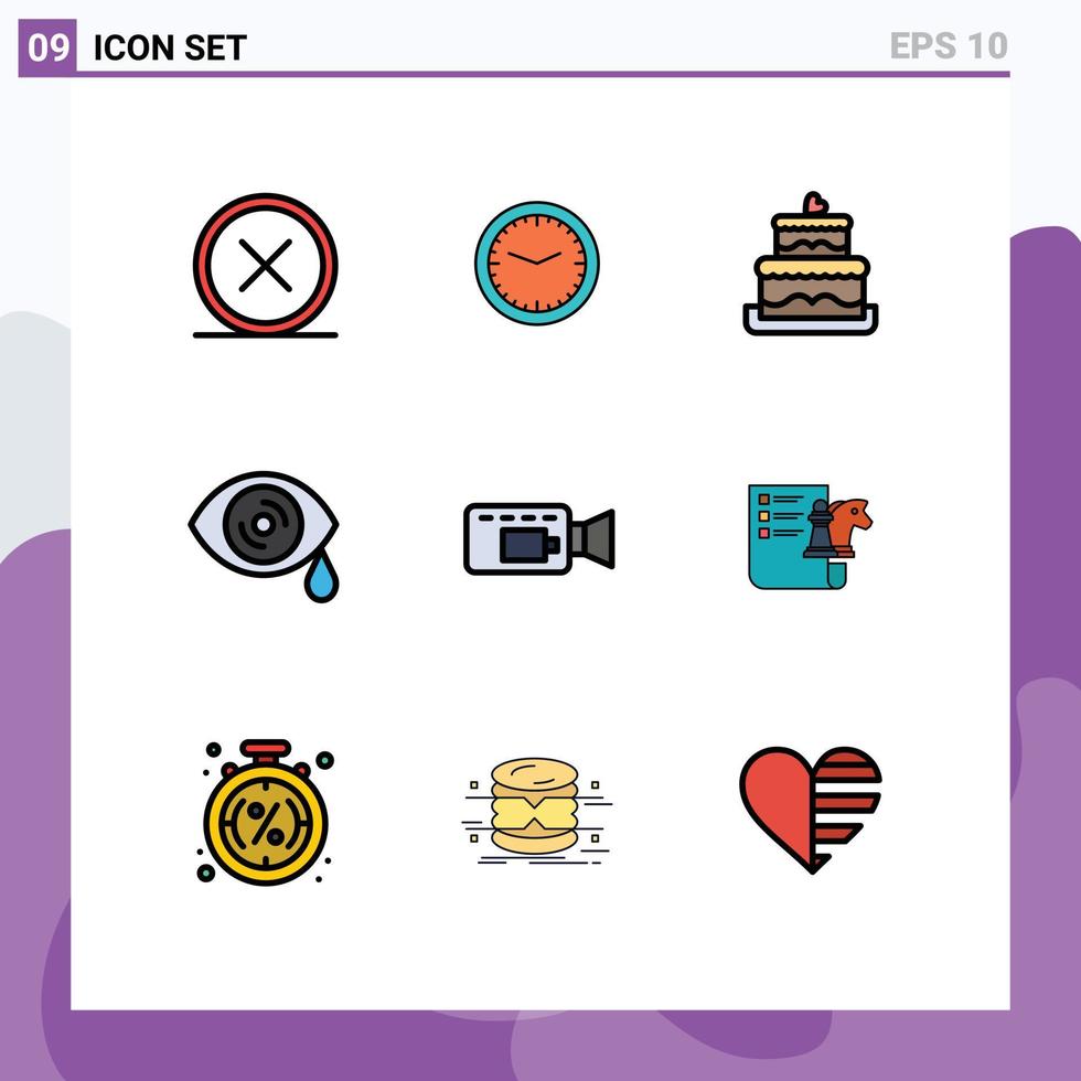 9 tematiska vektor fylld linje platt färger och redigerbar symboler av kamera tårar vägg öga bröllop kaka redigerbar vektor design element