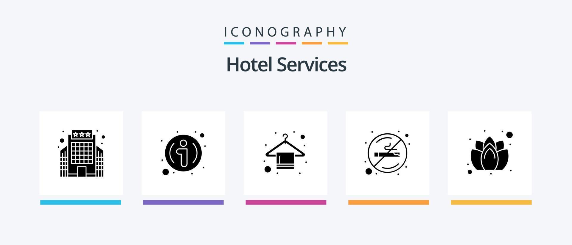 hotell tjänster glyf 5 ikon packa Inklusive tvål. tecken. galge. rökning. sjukvård. kreativ ikoner design vektor