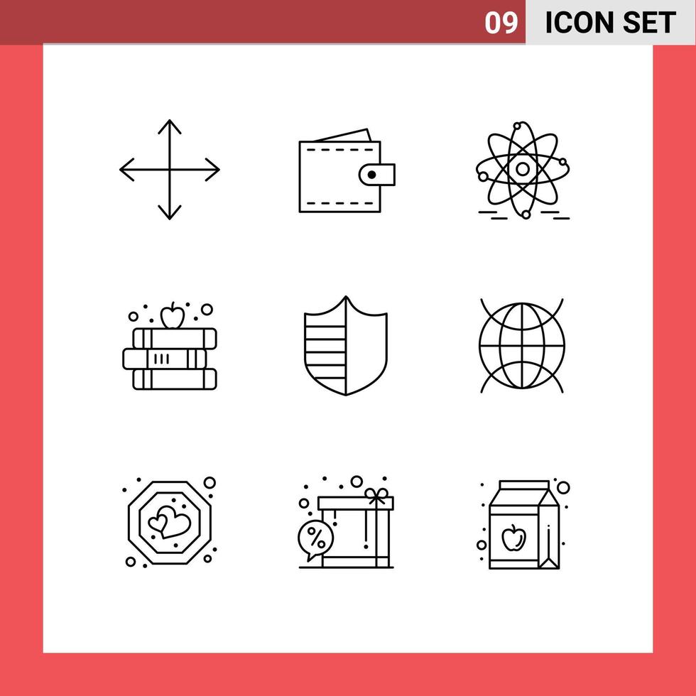 Lager Vektor Symbol Pack von 9 Linie Zeichen und Symbole zum Sicherheit Apfel Brieftasche Schule Buch editierbar Vektor Design Elemente