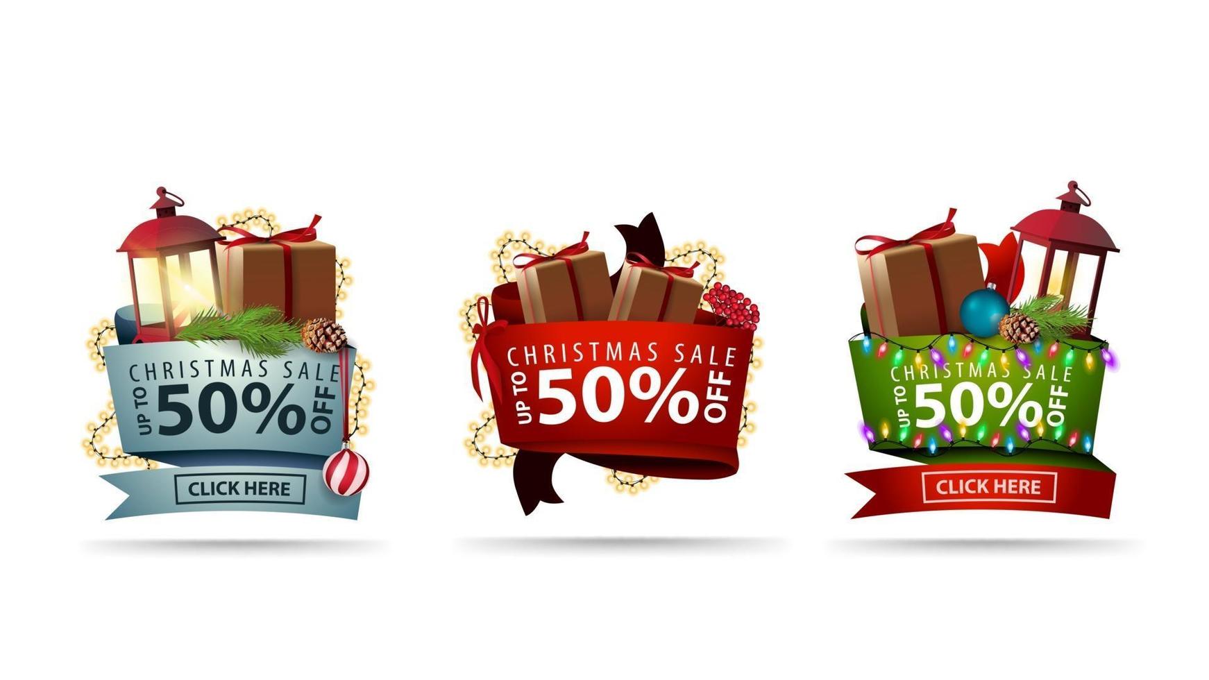 Satz weihnachtliche 3d volumetrische Aufkleber verziert mit Geschenken und Weihnachtselementen. Rabatt-Banner isoliert auf weißem Hintergrund vektor