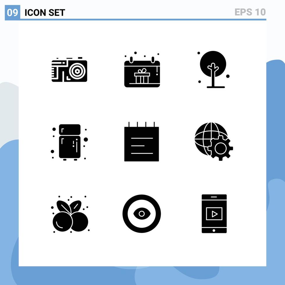 Gruppe von 9 solide Glyphen Zeichen und Symbole zum Steuerung Notizbuch Landwirtschaft Bildung Küche editierbar Vektor Design Elemente