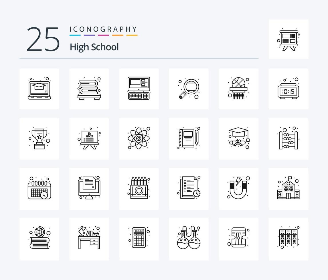 hög skola 25 linje ikon packa Inklusive korg netto. korg boll. systemet. studie. forskning vektor