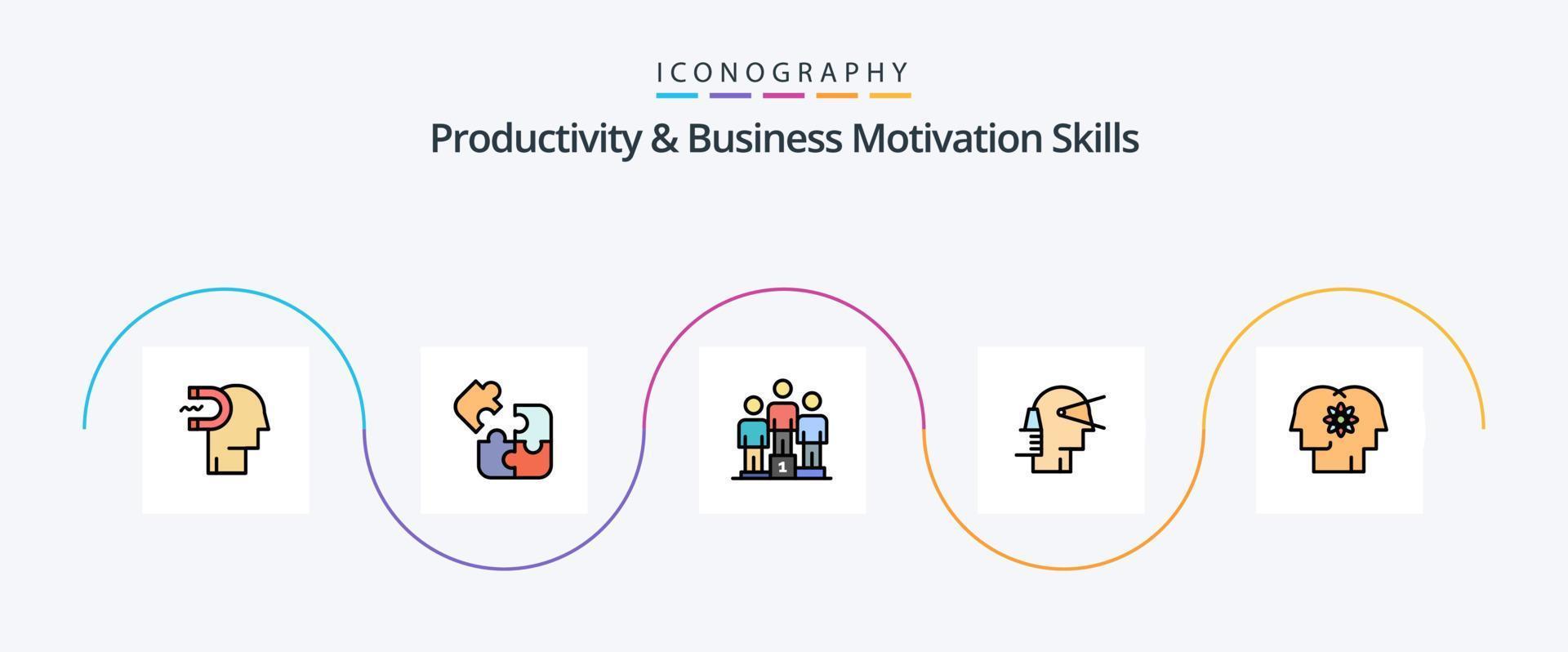 produktivitet och företag motivering Kompetens linje fylld platt 5 ikon packa Inklusive väg. fram. pussel. företag. podium vektor