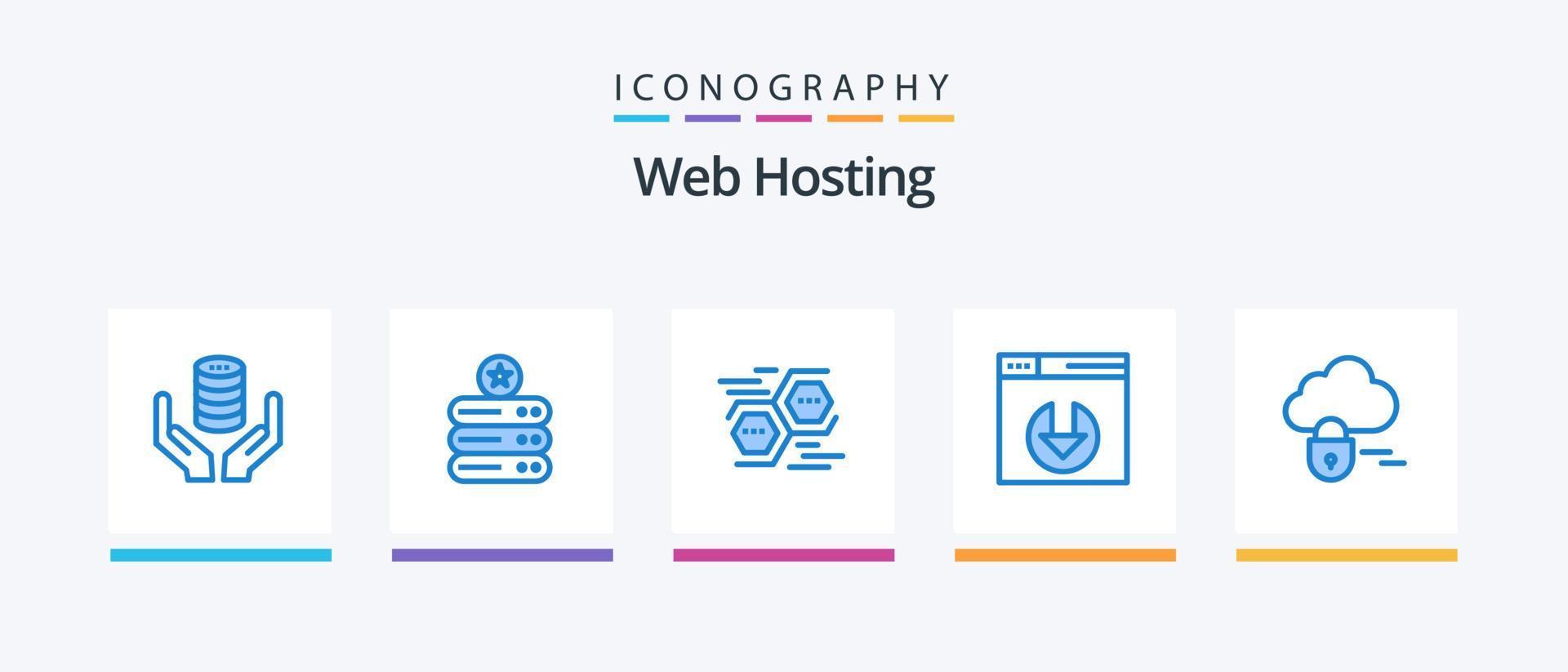 webb värd blå 5 ikon packa Inklusive moln. server ladda ner. lagring. webb. sexhörning. kreativ ikoner design vektor