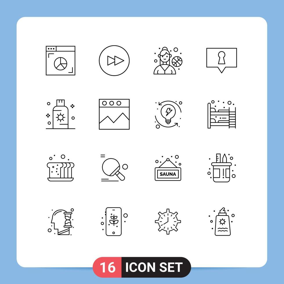 stock vektor ikon packa av 16 linje tecken och symboler för solkräm sommar kvinna spelare skydd hemlighet redigerbar vektor design element