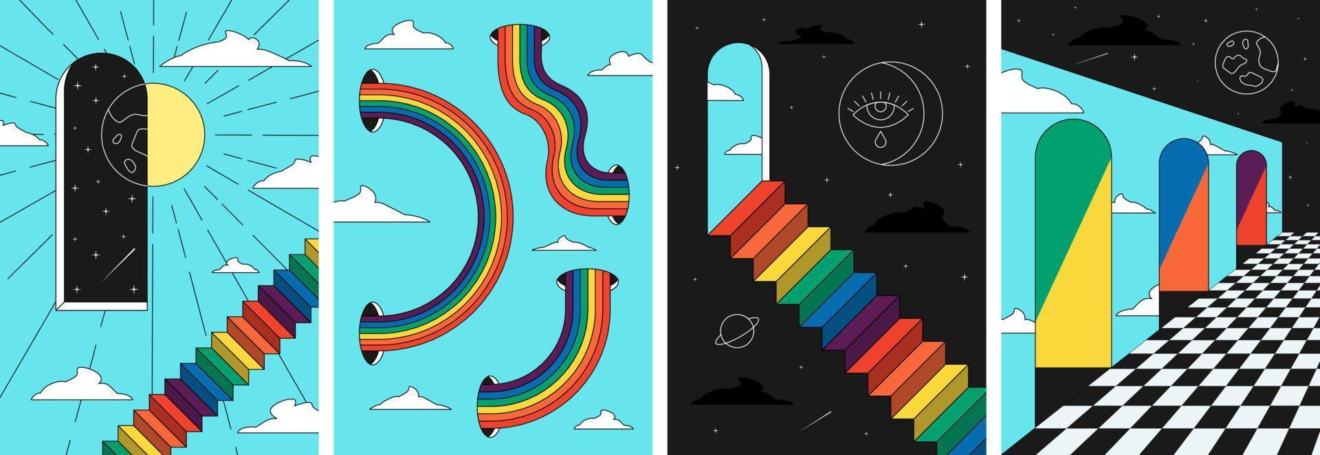 retro groovig Regenbogen Raum Treppe Kunst Poster Satz. Hippie Stil Sonne und Mond im surreal kosmisch Drucke. Jahrgang Boho Universum im abstrakt Fenster Plakate. modisch y2k Pop Kultur geometrisch eps Banner vektor