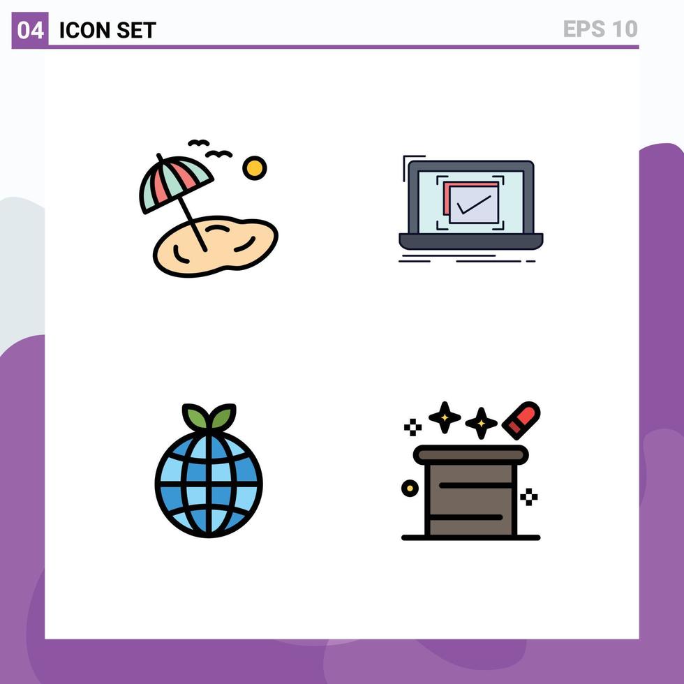 Gruppe von 4 modern gefüllte Linie eben Farben einstellen zum Strand Erde Frühling Checkliste Globus editierbar Vektor Design Elemente