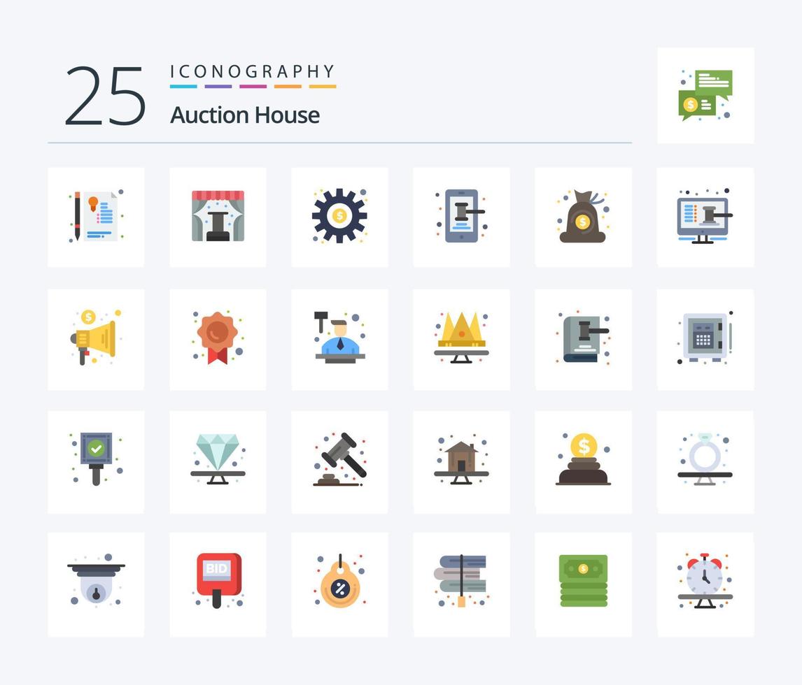 auktion 25 platt Färg ikon packa Inklusive kontanter. handel. dollar. smartphone. mobil vektor