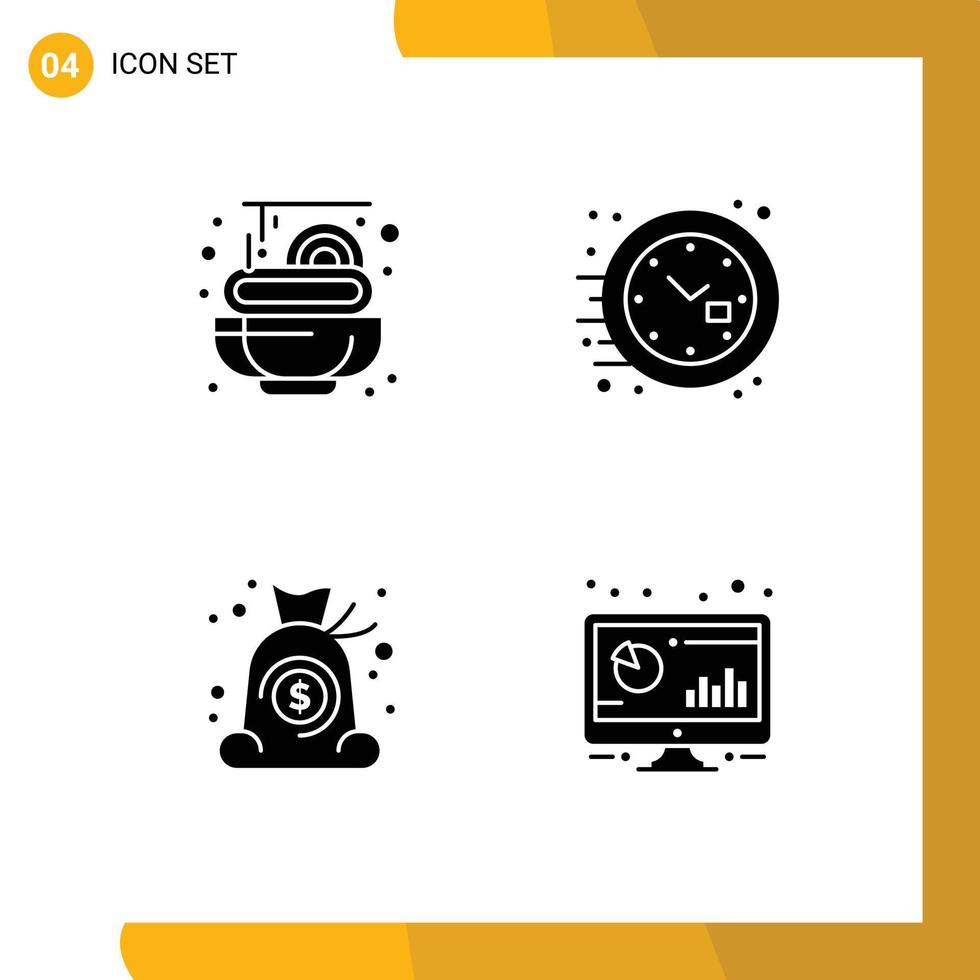grupp av 4 fast glyfer tecken och symboler för mat pengar klocka Kolla på analytisk redigerbar vektor design element