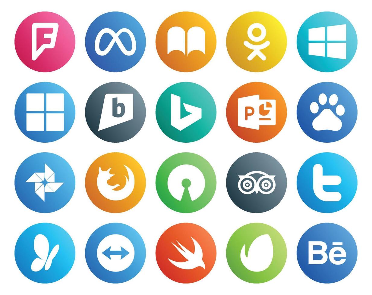 20 Sozial Medien Symbol Pack einschließlich Twitter tripadvisor bing öffnen Quelle Feuerfuchs vektor