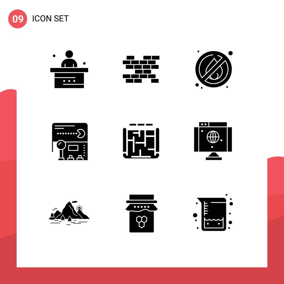 modern einstellen von 9 solide Glyphen Piktogramm von Gebäude die Architektur Nein Feuer Spiel Pacman editierbar Vektor Design Elemente