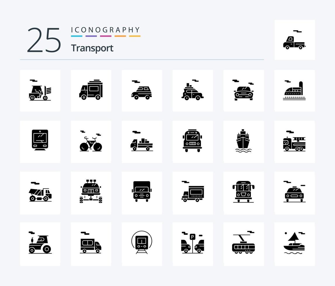 Transport 25 solide Glyphe Symbol Pack einschließlich Reise. Transport. Wagen. Zug. Transport vektor