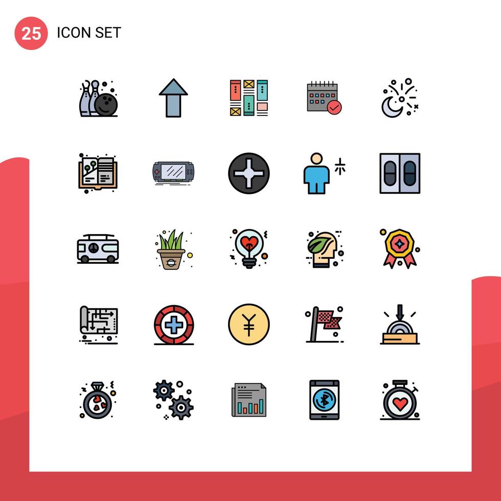 25 universell fylld linje platt färger uppsättning för webb och mobil tillämpningar planera händelse skiss kalender godkänd redigerbar vektor design element