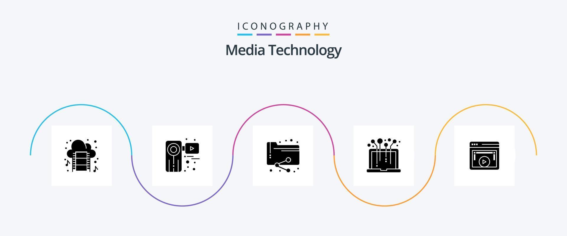 media teknologi glyf 5 ikon packa Inklusive sida. media. filma. bärbar dator. mapp vektor
